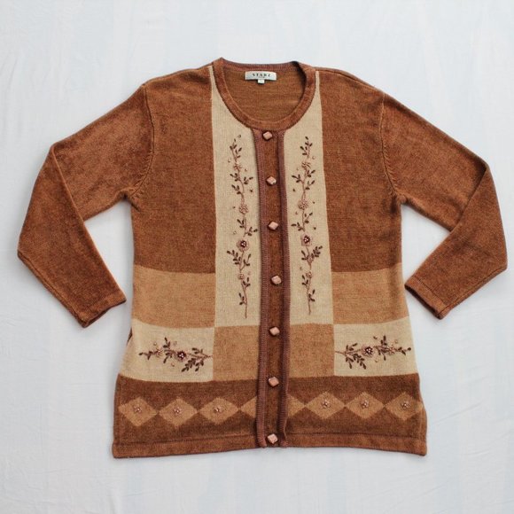 #093 Vintage Angora Wool grandma sweater size L tan, brown earthy tones Woman - Picture 13 of 14